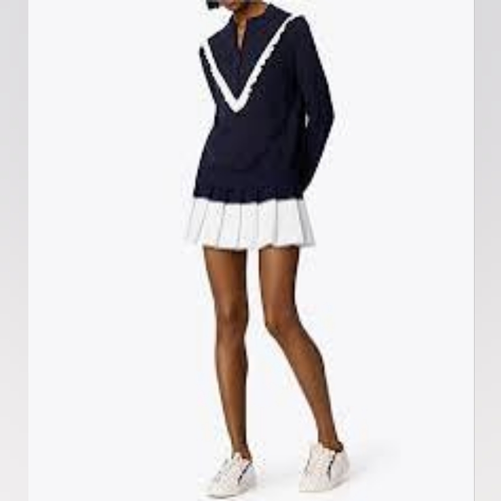 Tory Sport Performance Cashmere Navy Half Zip Sweater w/Ruffle Trim, Size L
